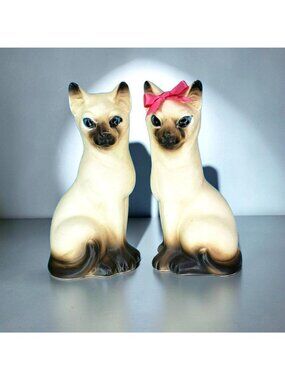 Siamese Cat Figurines Pink Bow Blue Eyes Victoria Ceramics Japan 1960s Set of 2
